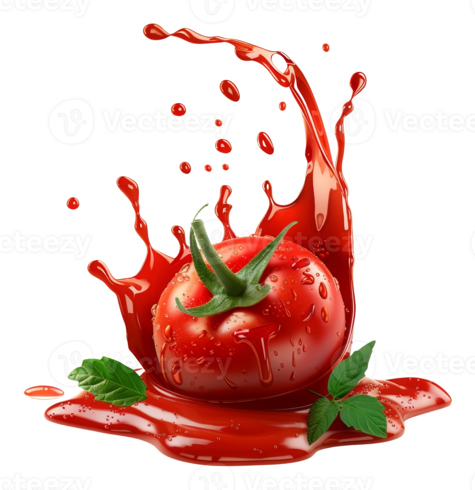 Fresh ripe tomatoes with a splash of red sauce on transparent background - stock .. png