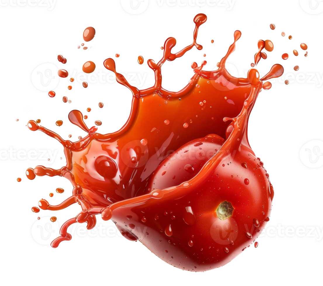 Fresh ripe tomatoes with a splash of red sauce on transparent background - stock .. png