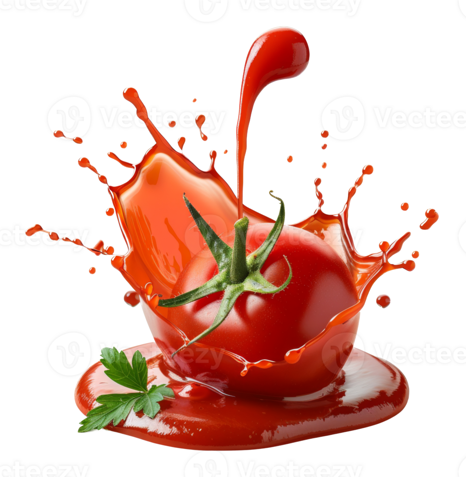Fresh ripe tomatoes with a splash of red sauce on transparent background - stock .. png