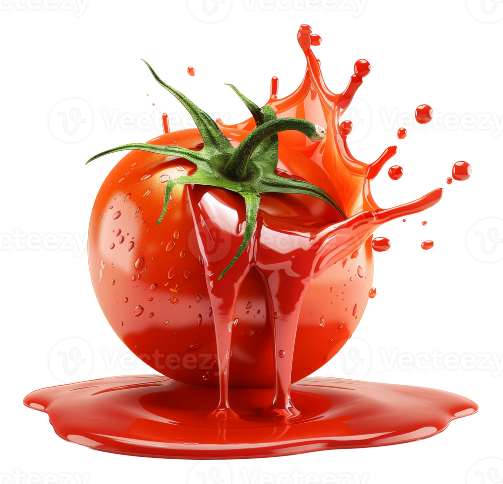 Fresh ripe tomatoes with a splash of red sauce on transparent background - stock .. png
