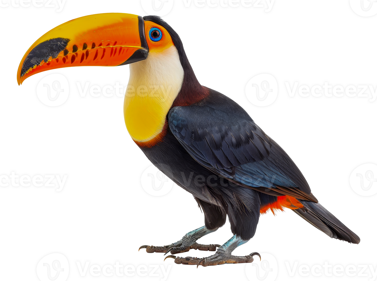 A large black and yellow bird with a long beak stands on a white background - stock .. png