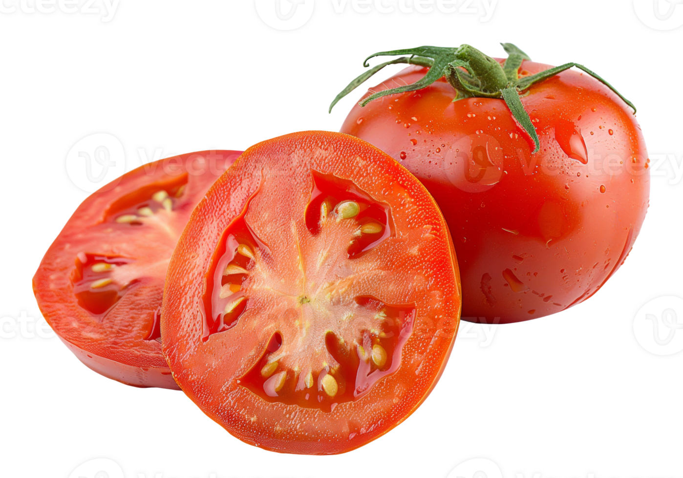 A tomato is cut in half and has a small drop of water on it - stock .. png