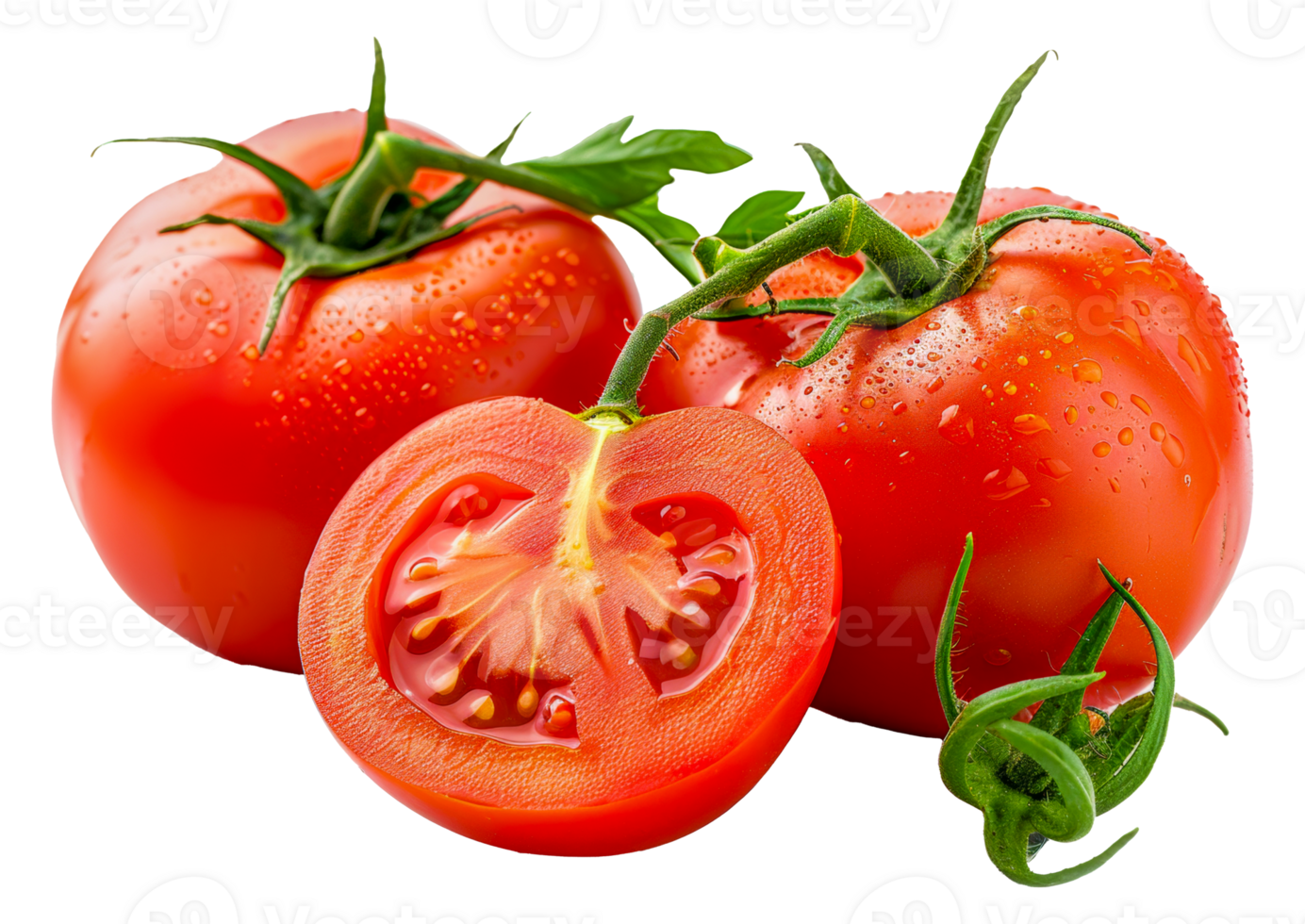 A tomato is cut in half and has a stem on it - stock .. png