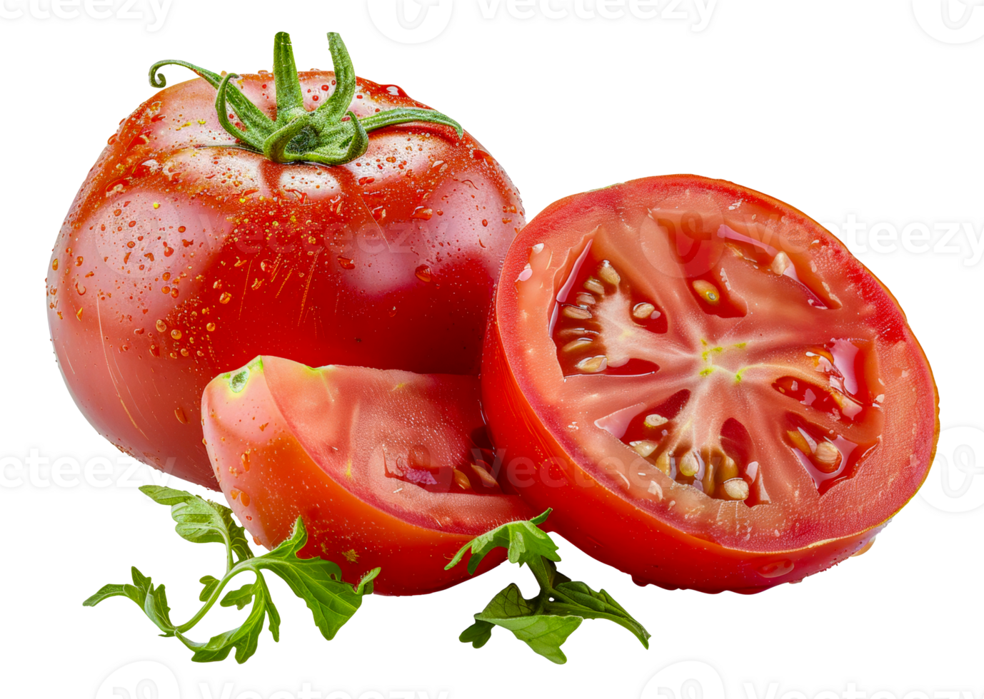 A tomato is cut in half and has a few leaves on it - stock .. png