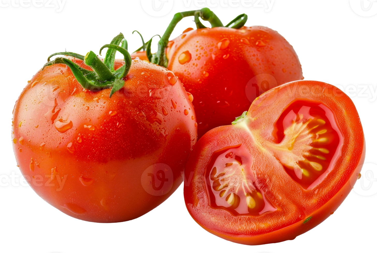Three ripe red tomatoes with a small cut in the middle - stock .. png