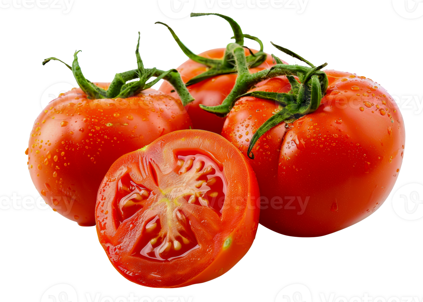A tomato is cut in half and surrounded by four other whole tomatoes - stock .. png