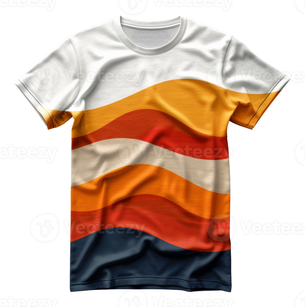 Casual white t-shirt with horizontal multicolor stripes on transparent background - stock . png