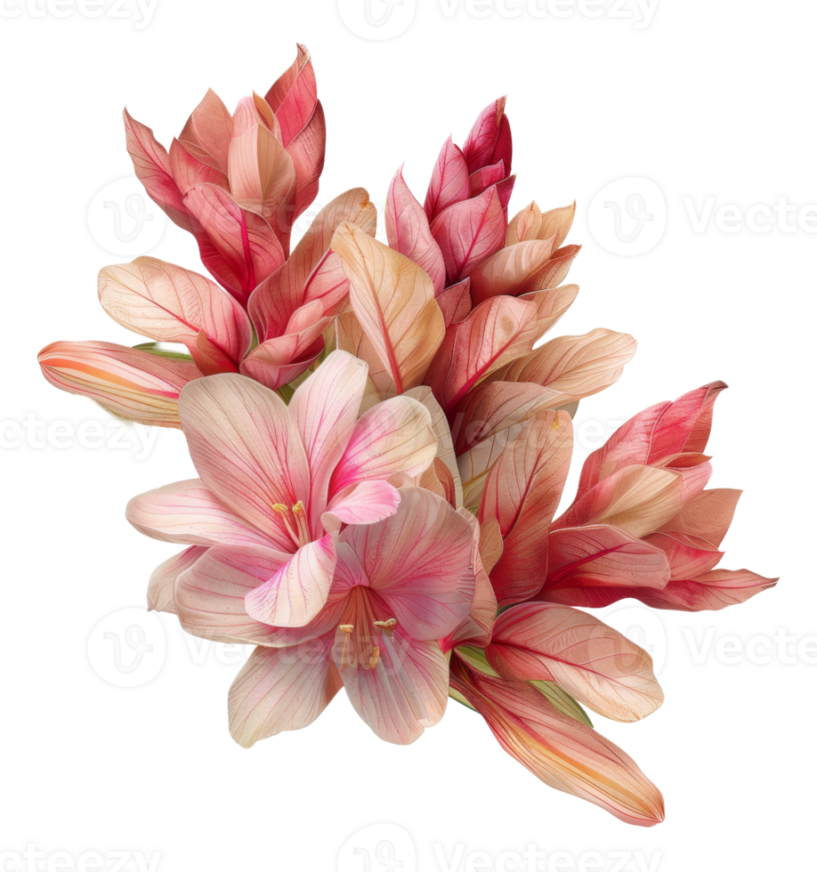 Pink tropical bromeliad flowers with lush leaves on transparent background - stock .. png