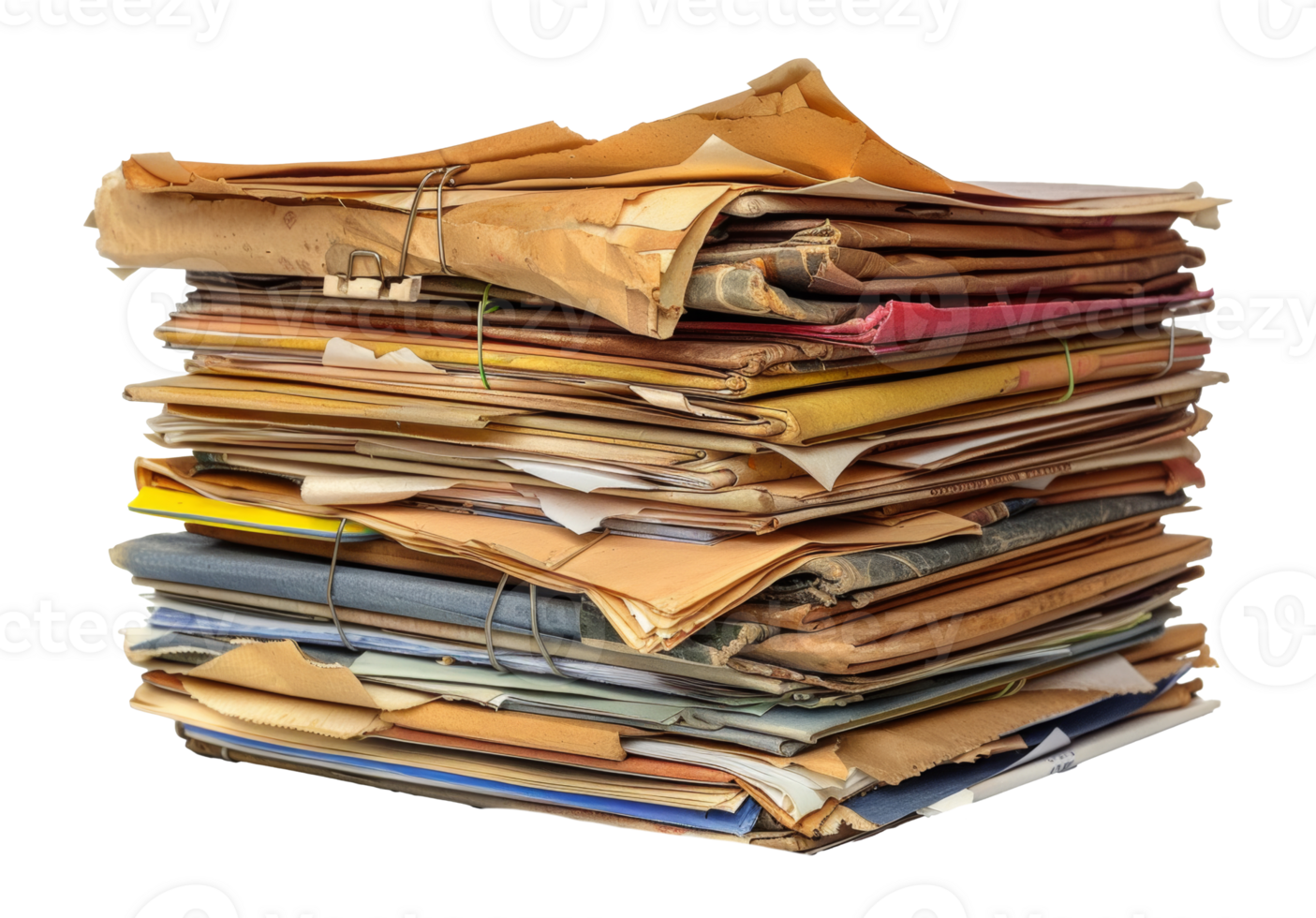 Stack of cluttered files and colorful paper, cut out - stock . png