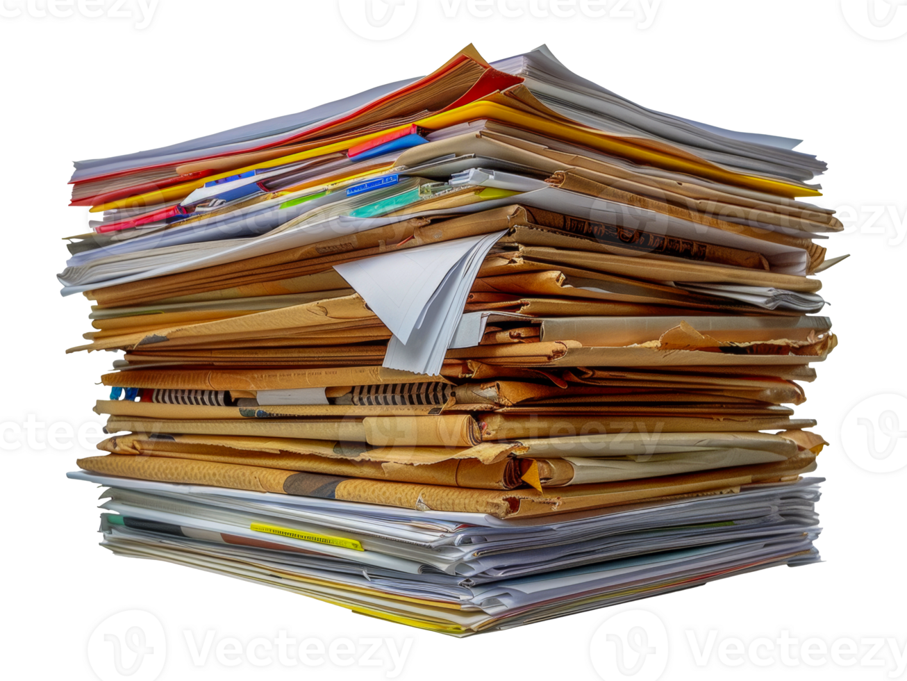 Stack of cluttered files and colorful paper, cut out - stock . png