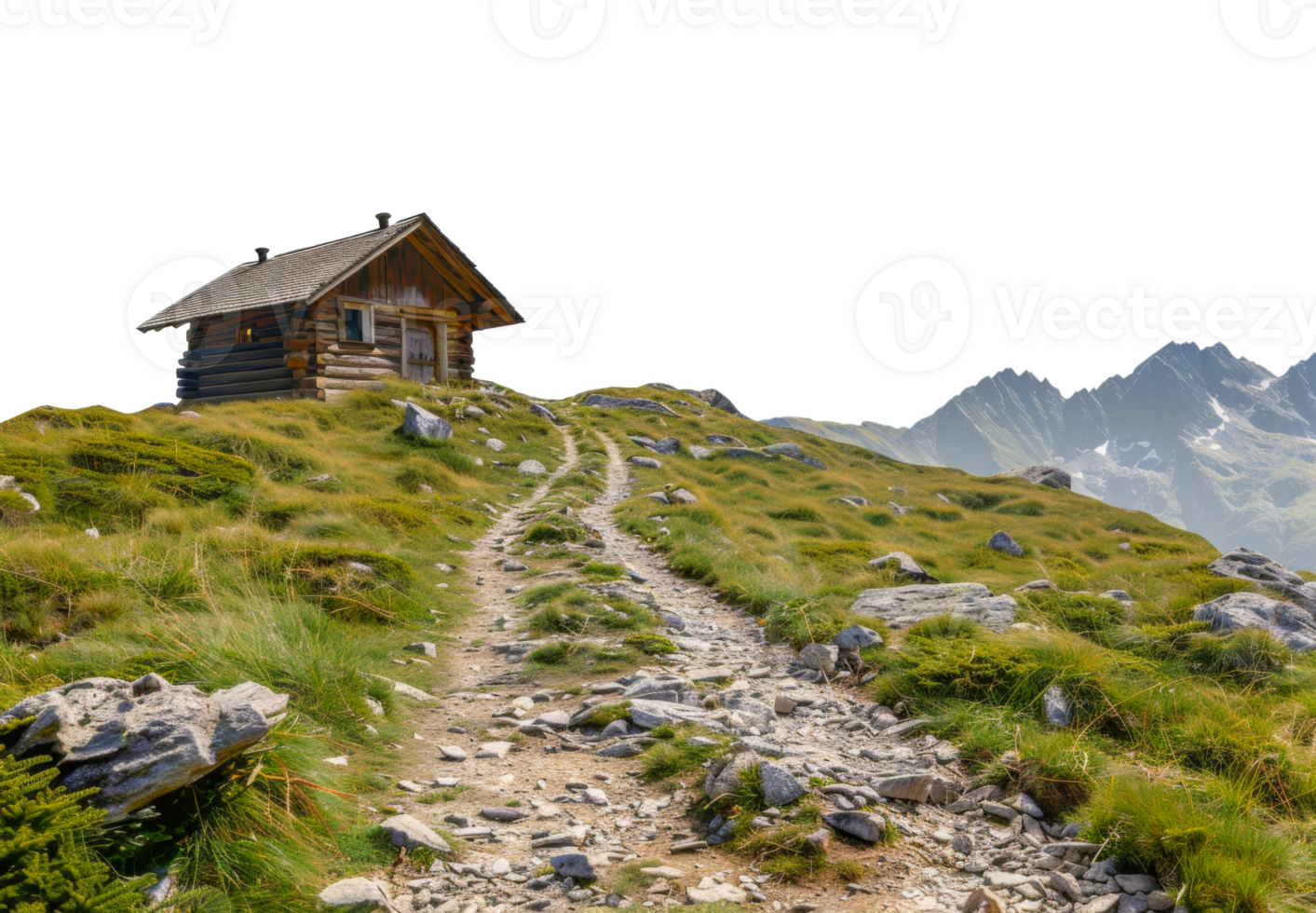 A small cabin is on a hillside with a dirt road leading to it - stock .. png