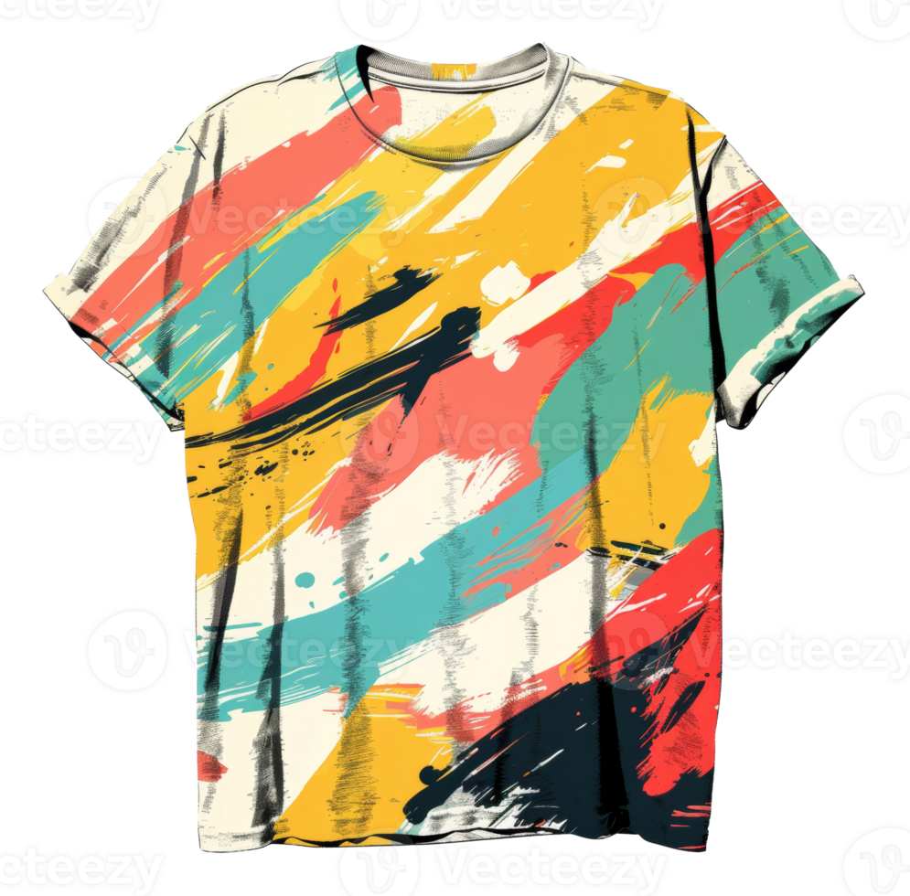Abstract art print t-shirt in bold colors on transparent background - stock . png