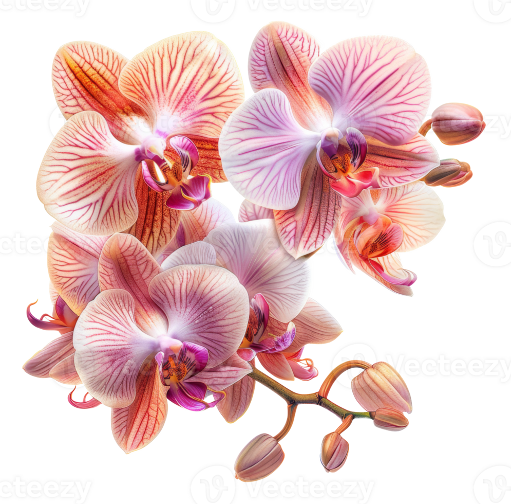 Pink and white orchid blooms with vibrant patterns on transparent background - stock .. png