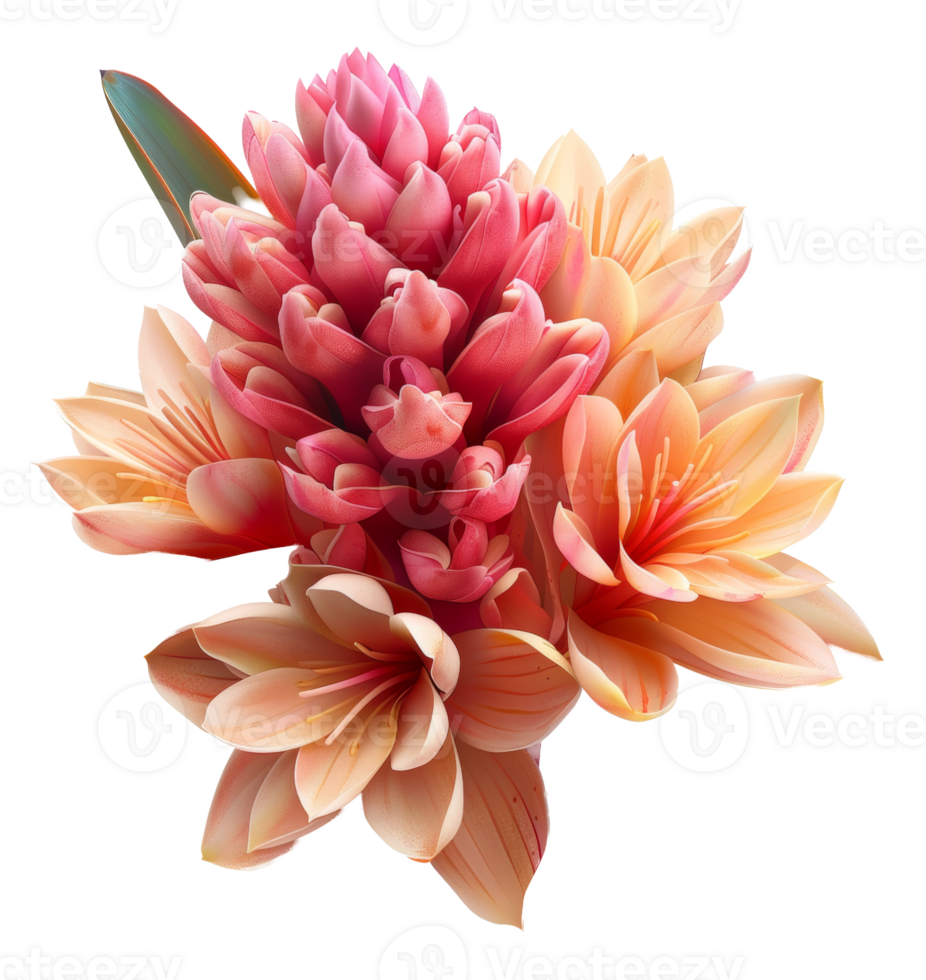 Pink tropical bromeliad flowers with lush leaves on transparent background - stock .. png