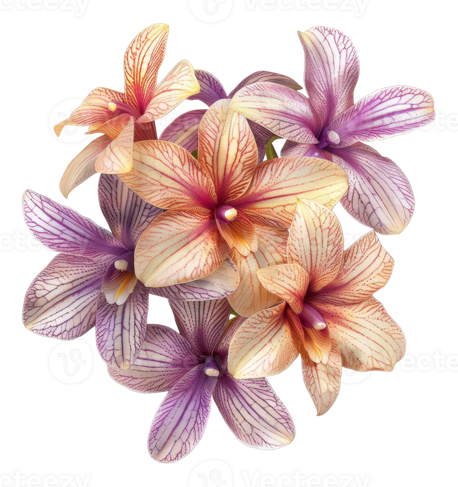 Pink and white orchid blooms with vibrant patterns on transparent background - stock .. png