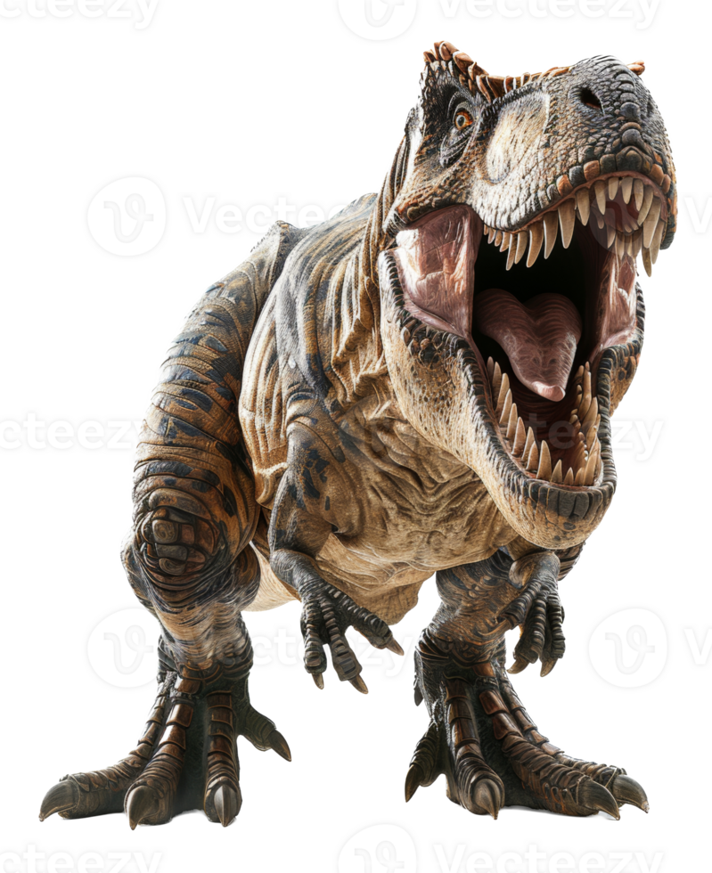 Ferocious tyrannosaurus rex roaring with open mouth on transparent background - stock . png