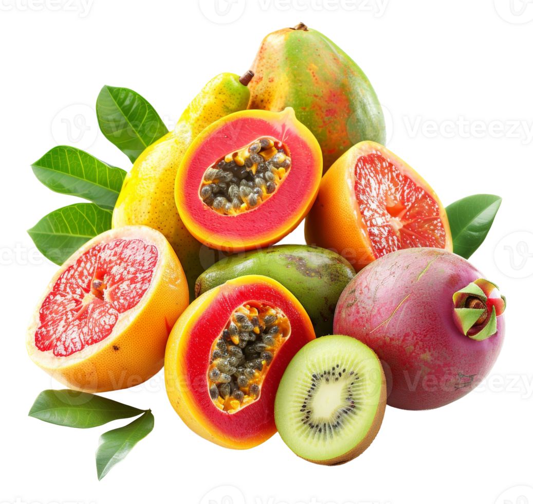 Exotic tropical fruit assortment with fresh leaves on transparent background - stock .. png