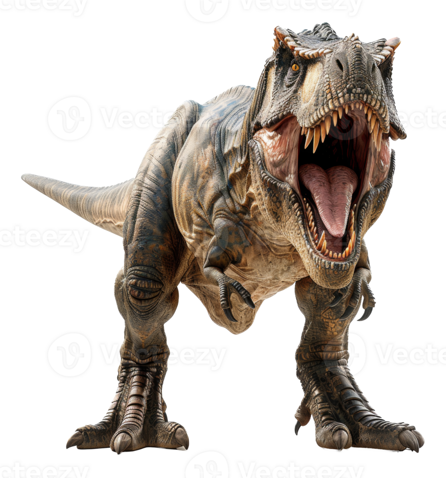 Ferocious tyrannosaurus rex roaring with open mouth on transparent background - stock . png