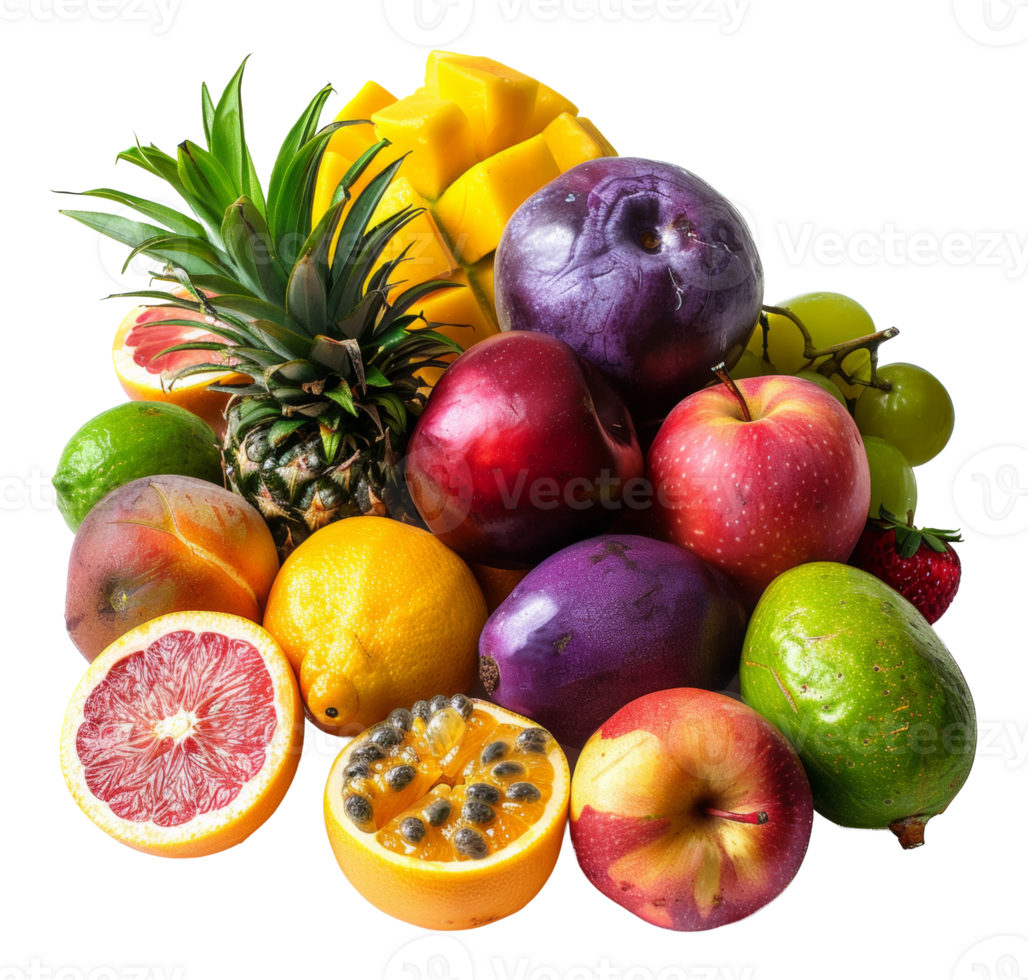 Lush assortment of tropical fruits and pineapple on transparent background - stock .. png