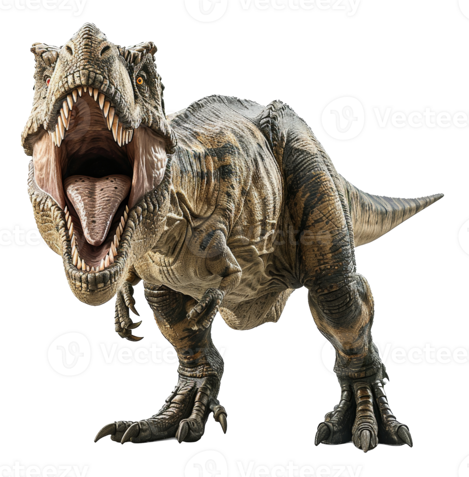 Ferocious tyrannosaurus rex roaring with open mouth on transparent background - stock . png
