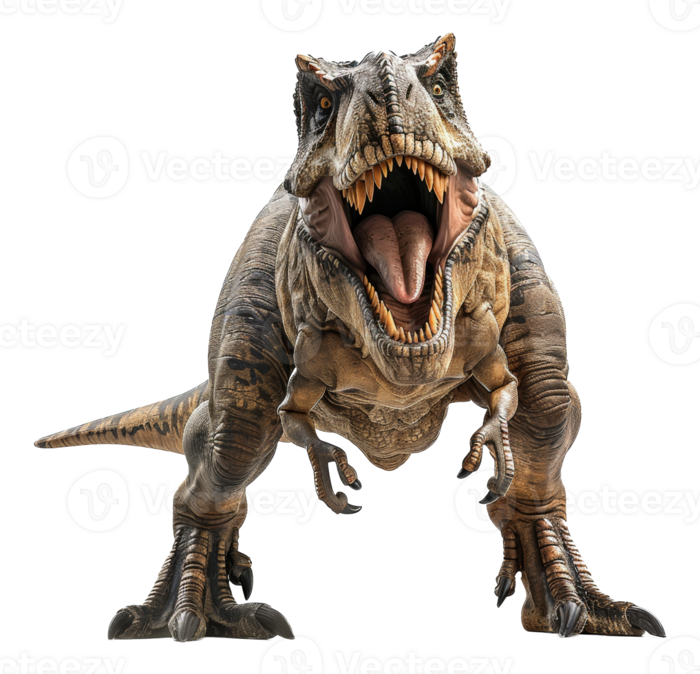 Ferocious tyrannosaurus rex roaring with open mouth on transparent background - stock . png
