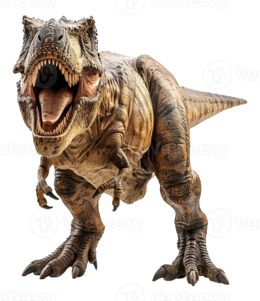 Ferocious tyrannosaurus rex roaring with open mouth on transparent background - stock . png