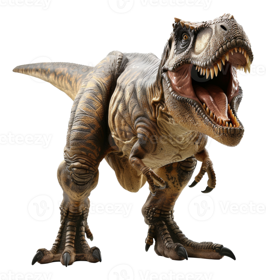 Ferocious tyrannosaurus rex roaring with open mouth on transparent background - stock . png