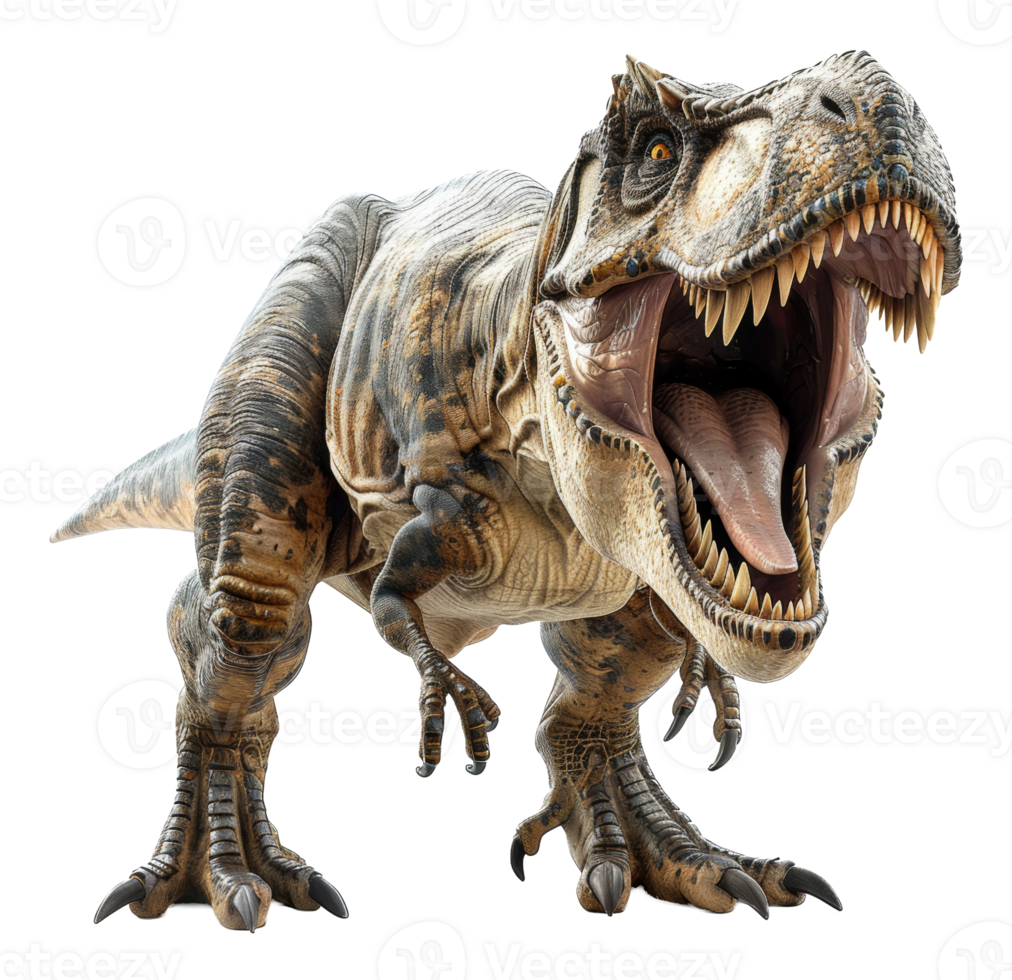 Ferocious tyrannosaurus rex roaring with open mouth on transparent background - stock . png