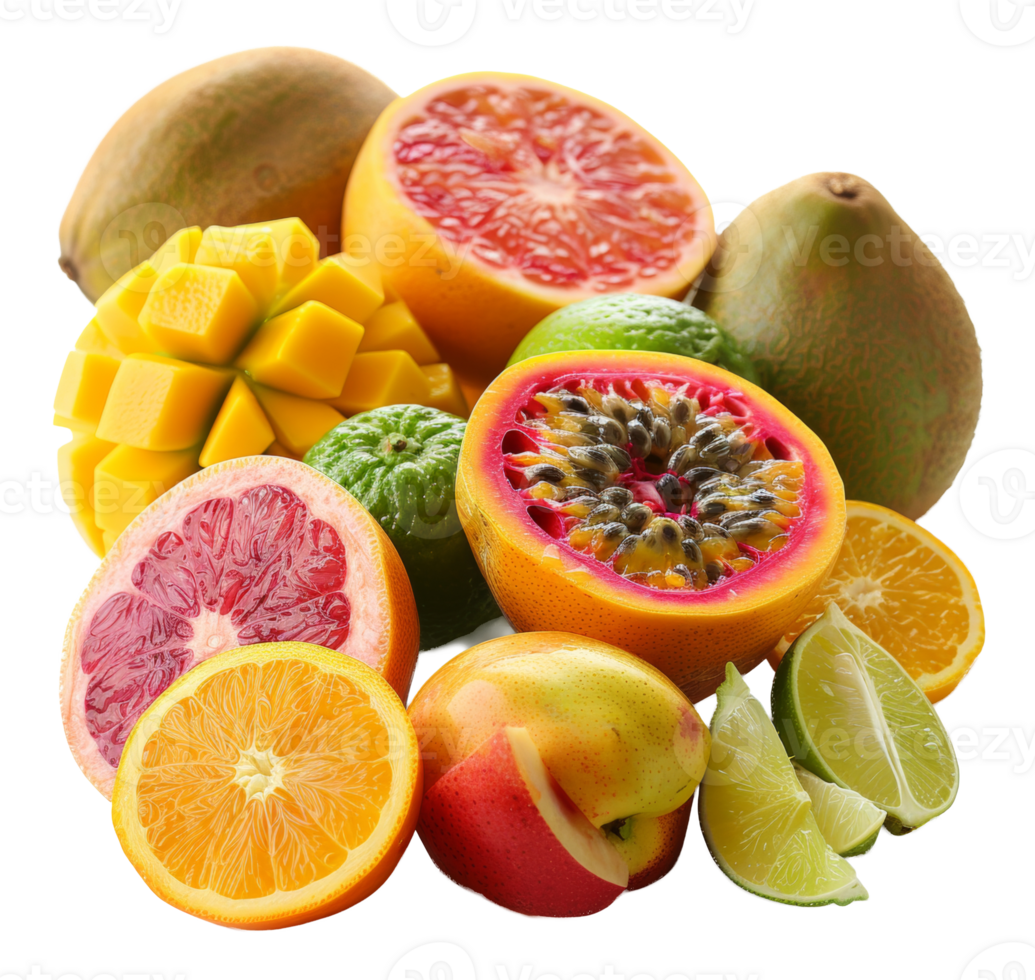 Assortment of tropical fruits with fresh water droplets on transparent background - stock .. png
