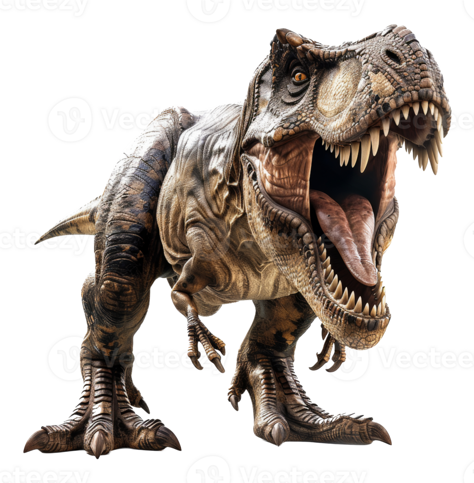 Ferocious tyrannosaurus rex roaring with open mouth on transparent background - stock . png