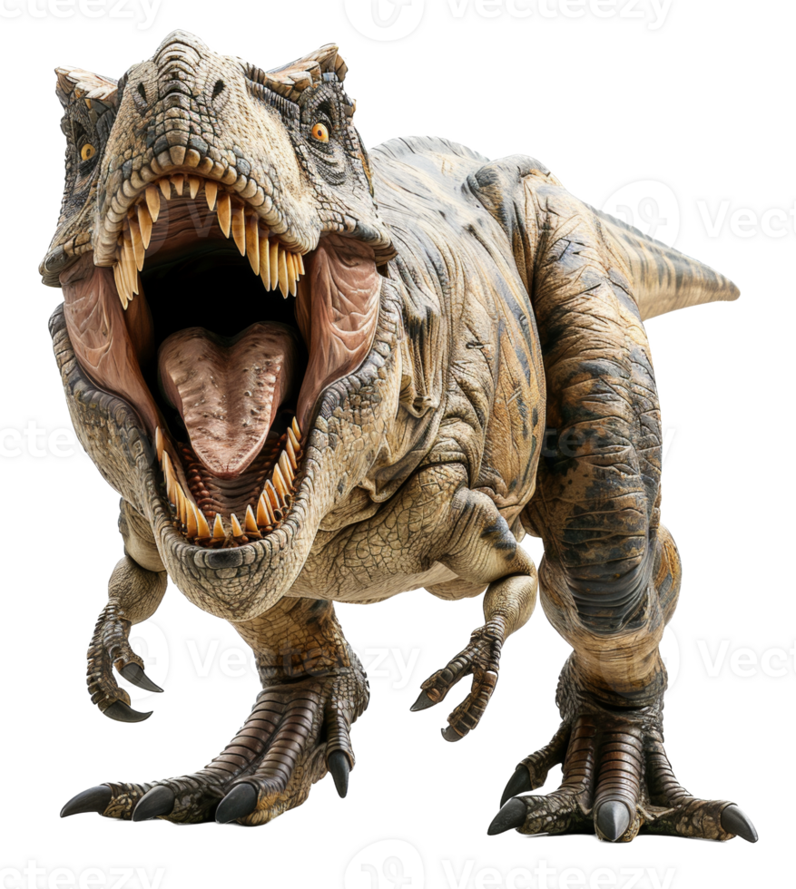 Ferocious tyrannosaurus rex roaring with open mouth on transparent background - stock . png