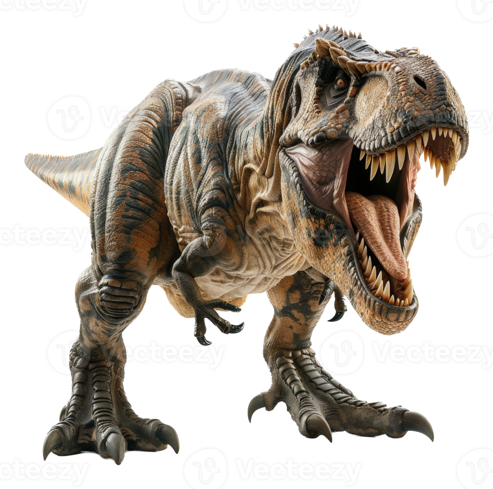 Ferocious tyrannosaurus rex roaring with open mouth on transparent background - stock . png