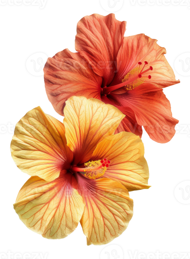 Tropical hibiscus blooms with rich sunset colors on transparent background - stock .. png