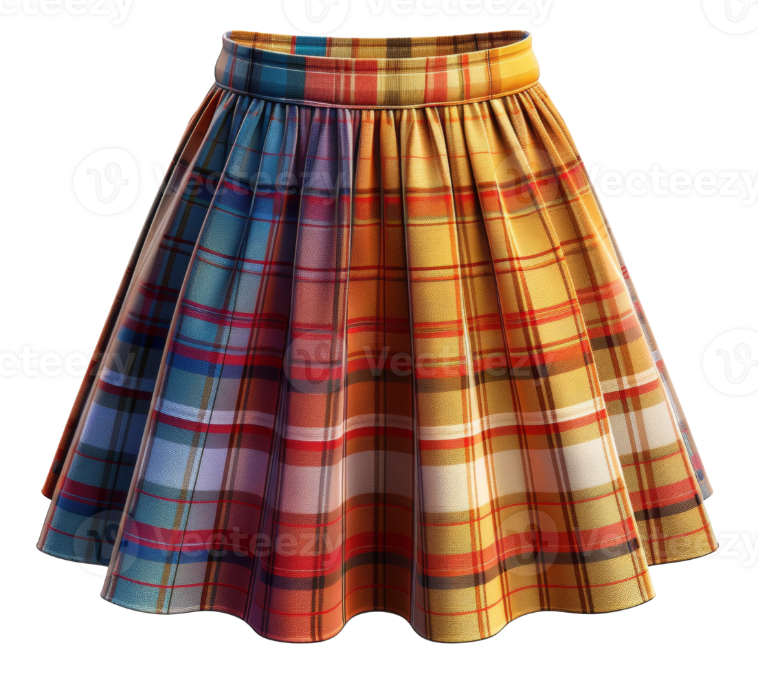 Colorful pleated skirt in autumnal plaid pattern on transparent background - stock .. png