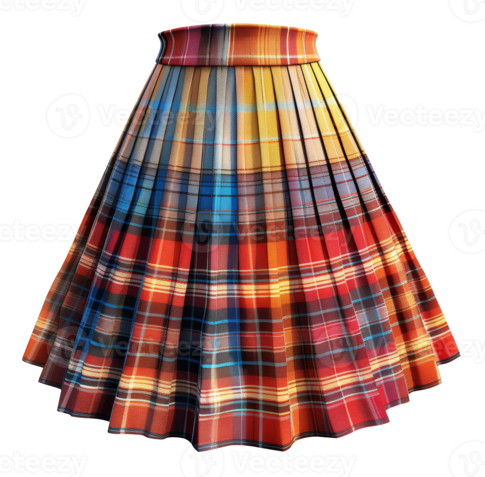 Colorful pleated skirt in autumnal plaid pattern on transparent background - stock .. png