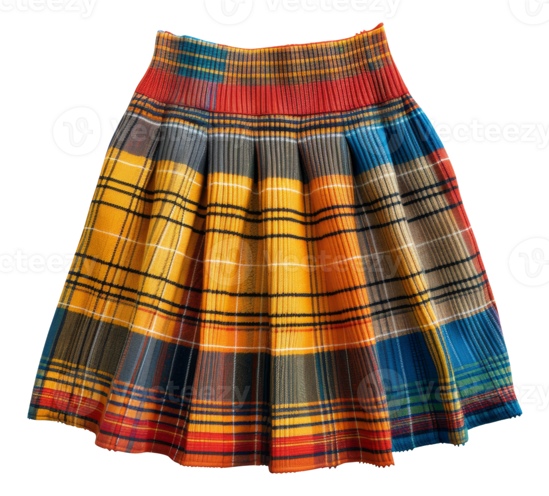 Colorful pleated skirt in autumnal plaid pattern on transparent background - stock .. png