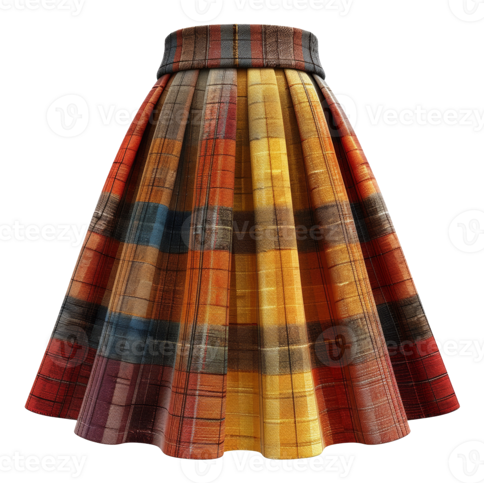 Colorful pleated skirt in autumnal plaid pattern on transparent background - stock .. png