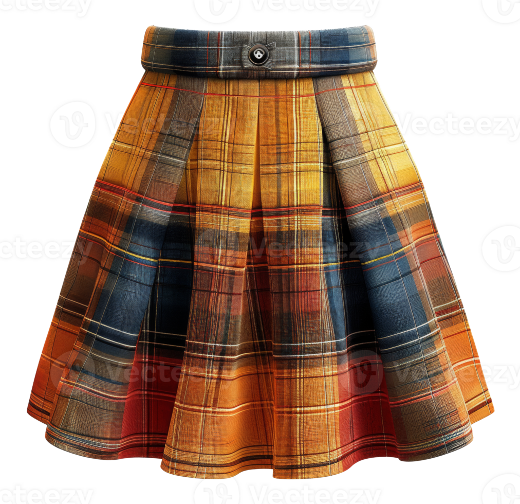 Colorful pleated skirt in autumnal plaid pattern on transparent background - stock .. png