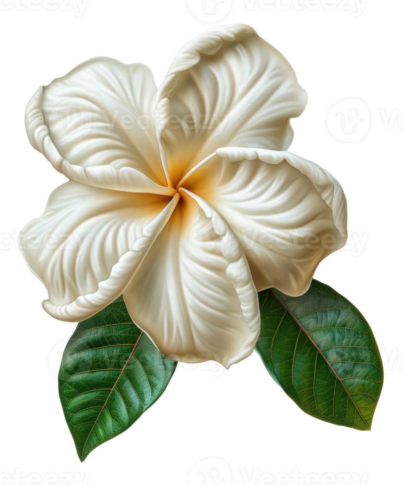 Pure white frangipani flowers with lush green leaves on transparent background - stock .. png