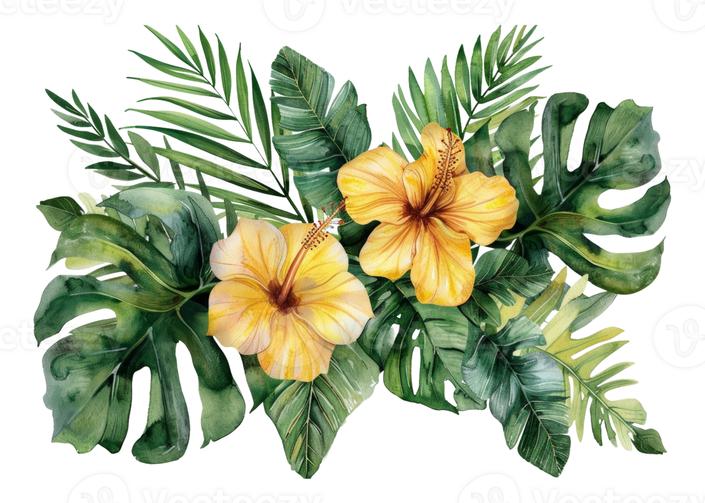 Watercolor tropical flowers and foliage arrangement on transparent background - stock . png