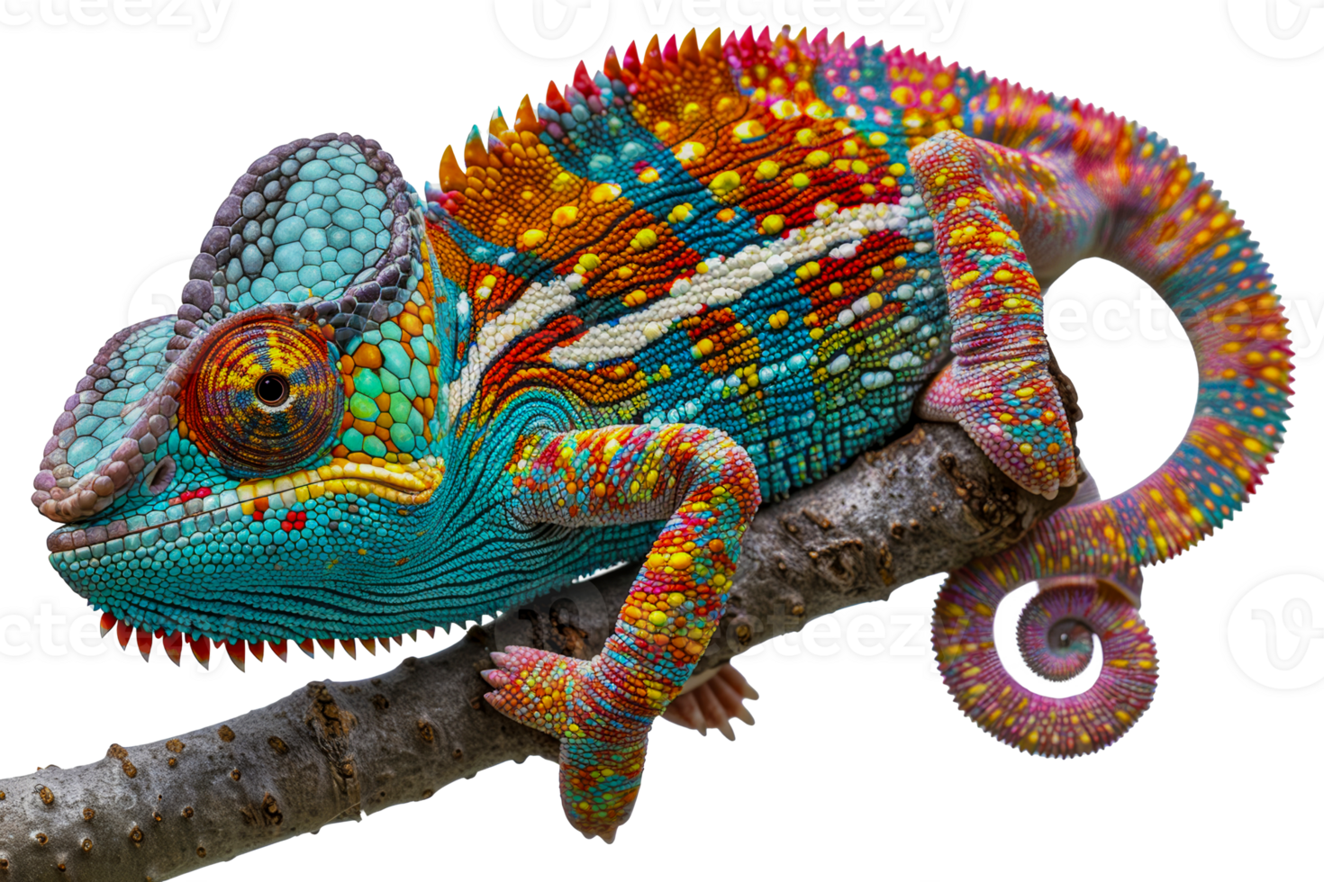 Colorful chameleon on branch, cut out - stock . png