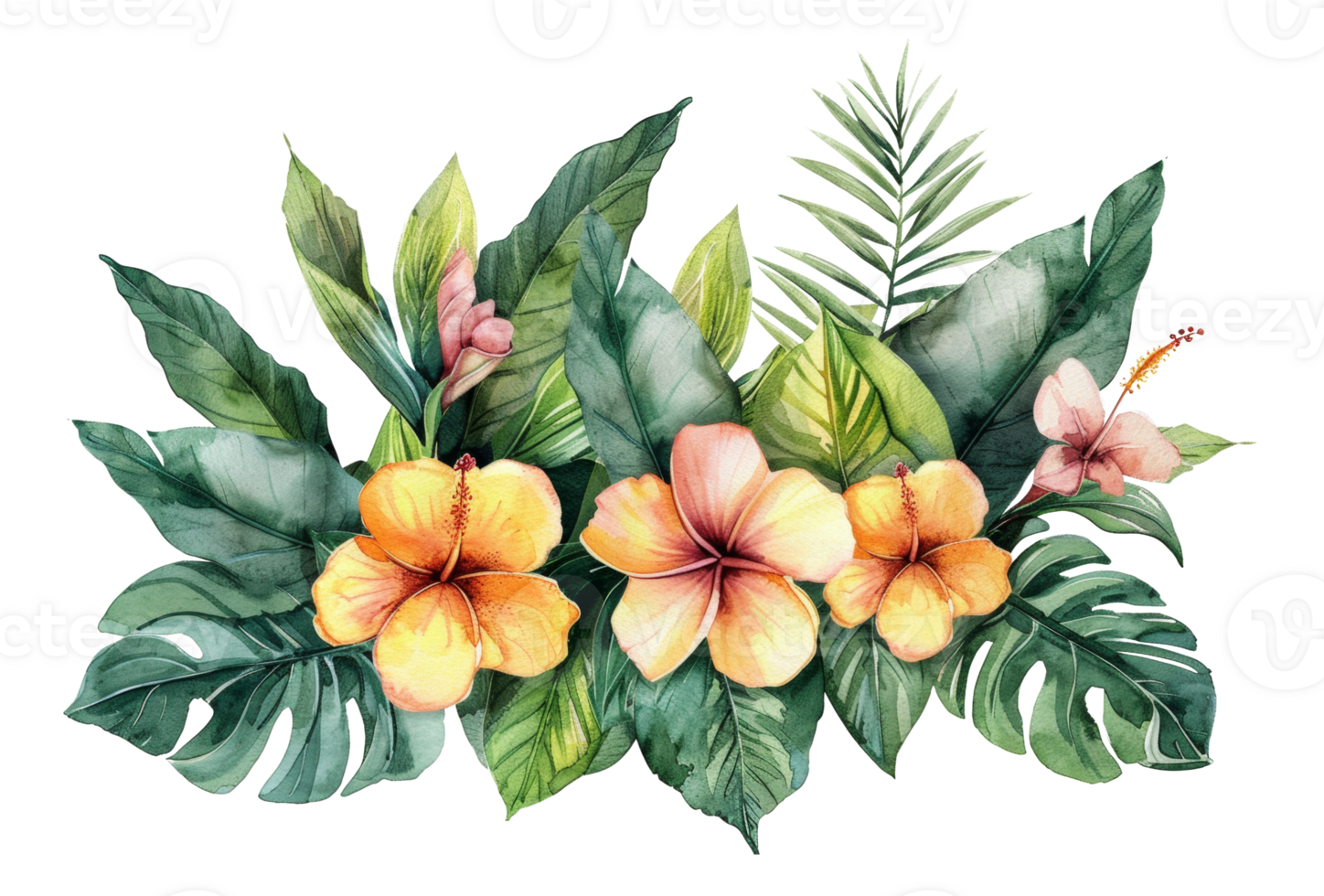 Watercolor tropical flowers and foliage arrangement on transparent background - stock . png