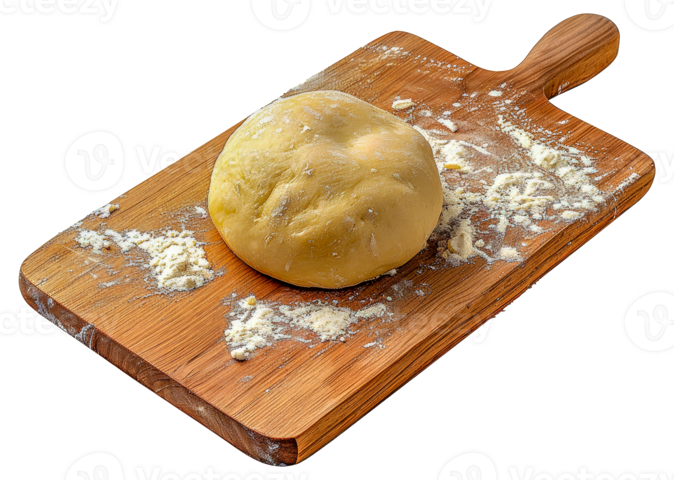 A piece of dough sits on a wooden cutting board - stock .. png