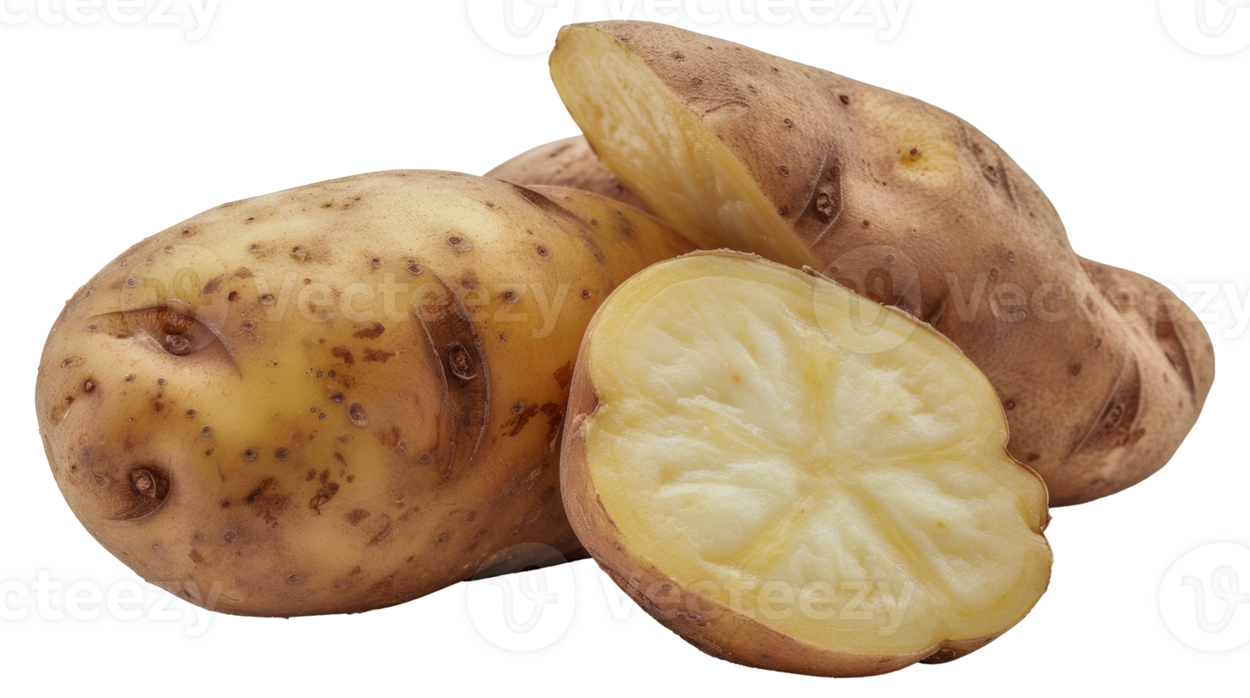 A potato is cut in half and has a few brown spots on it - stock .. png