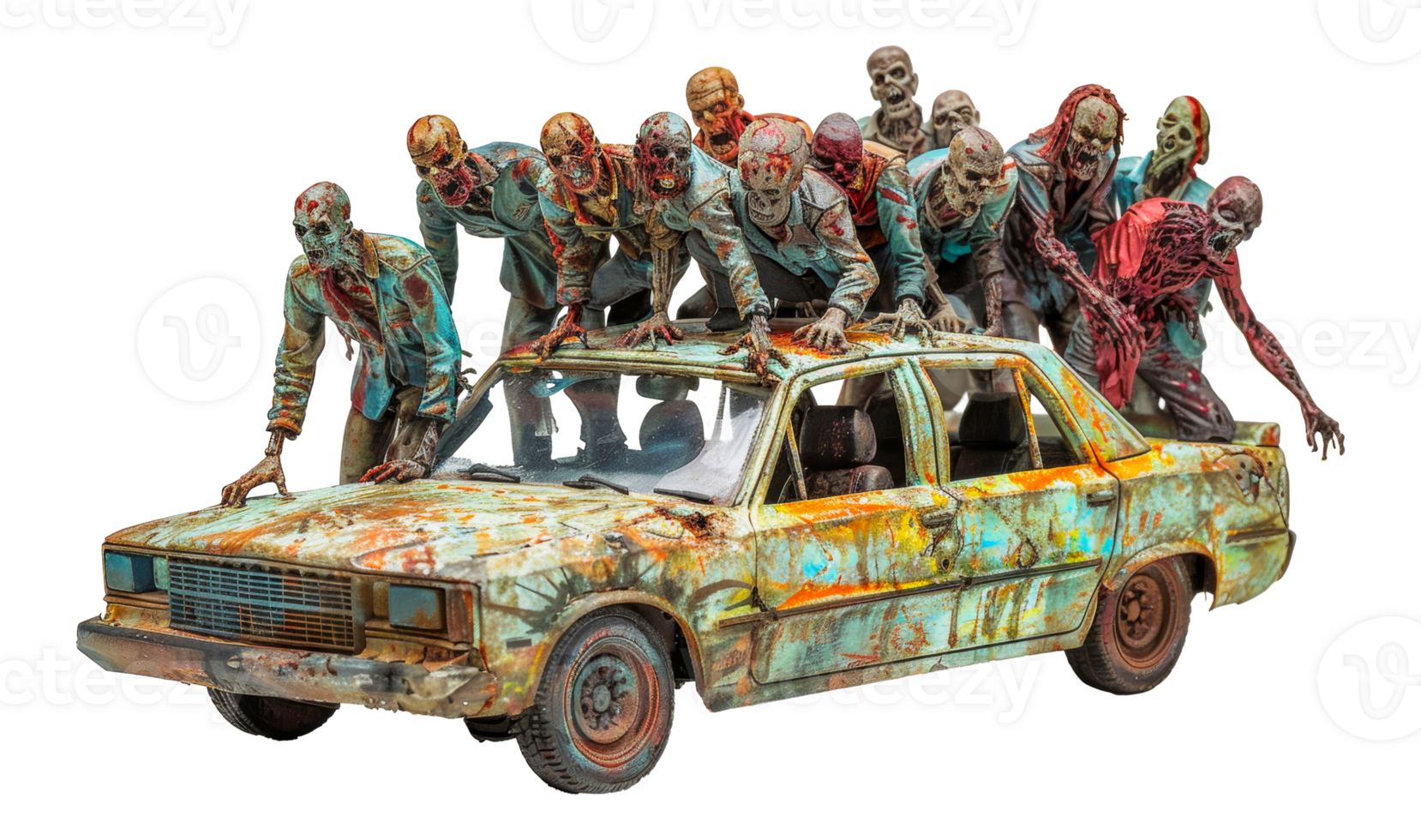 Group of zombies surrounding old car, cut out - stock .. png