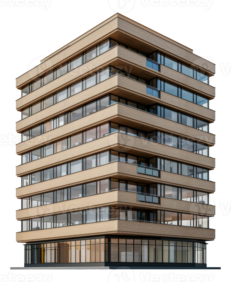 Modern apartment building with balconies and reflections, cut out - stock . png