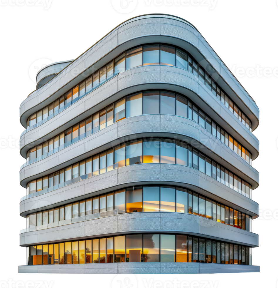 Curved modern office building exterior at dusk, cut out - stock . png