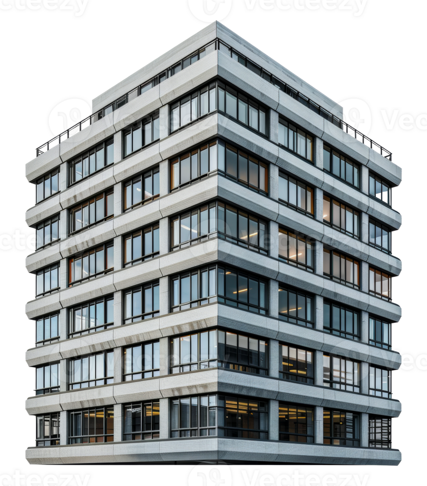 Curved modern office building exterior at dusk, cut out - stock . png