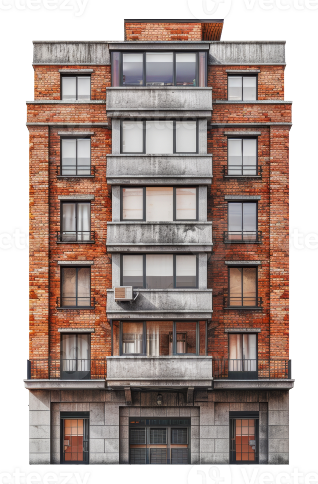 Contemporary brick apartment building with concrete elements, cut out - stock .. png