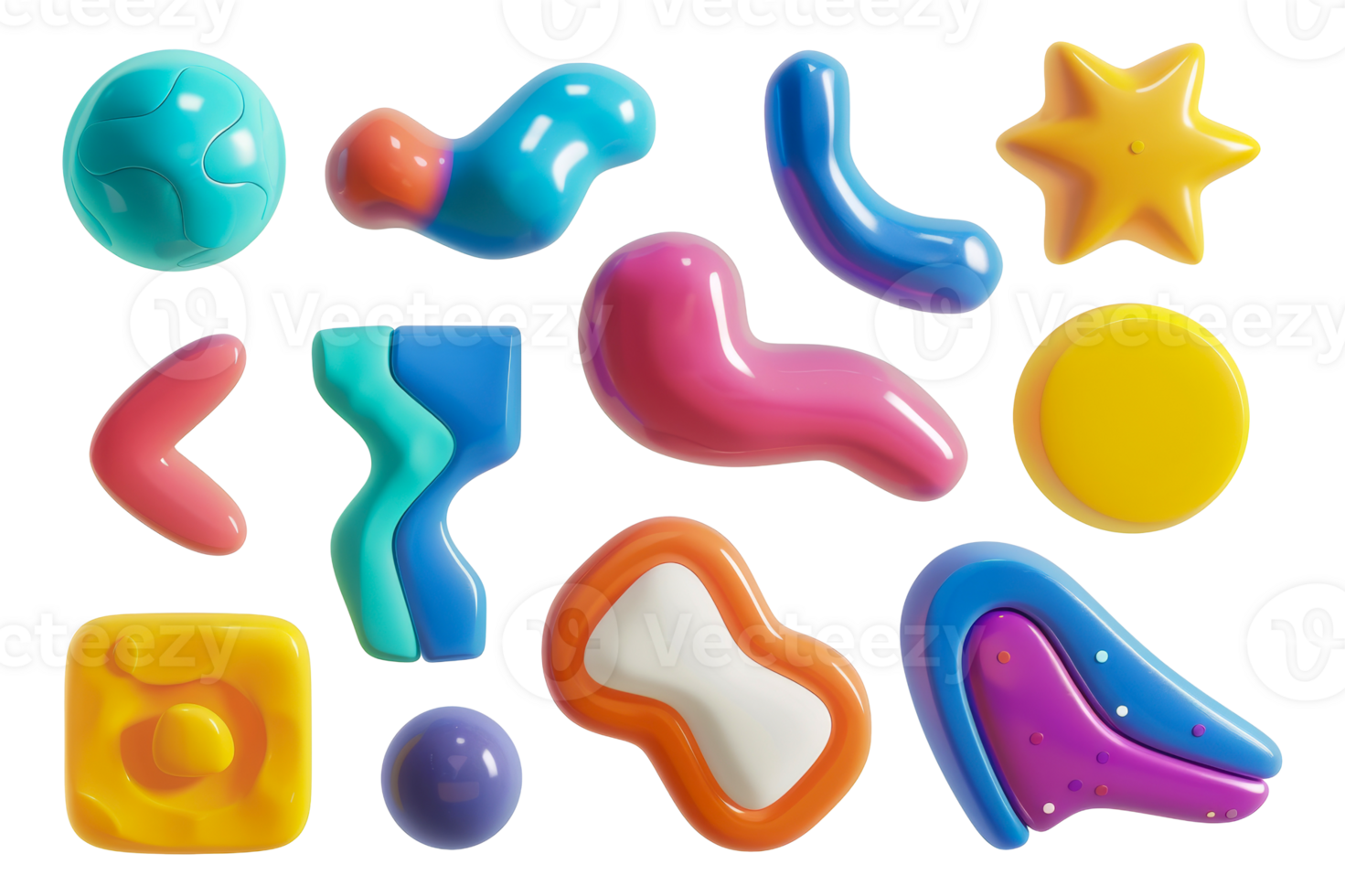 Collection of colorful 3D shapes on isolated backdrop, cut out - stock .. png